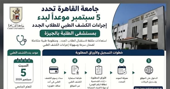 جامعة القاهرة: 5 سبتمبر بدء إجراءات الكشف الطبى للطلاب الجدد بمستشفى الطلبة