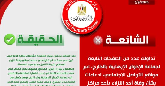 مركز مكافحة الشائعات ينفي ادعاء الإخوان وفاة أحد النزلاء بأحد مراكز الإصلاح بالمنيا