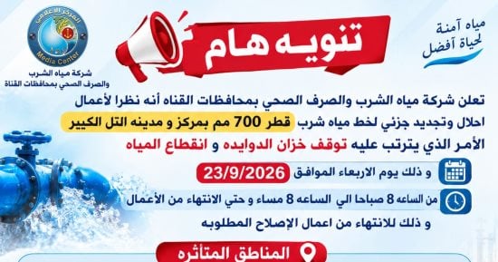 مياه القناة تعلن قطع المياه عن مناطق بمدينة التل الكبير بالإسماعيلية الأربعاء