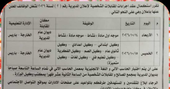 تعليم الوادي الجديد: استكمال المقابلات الشخصية للوظائف القيادية اليوم 