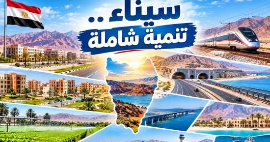 ربط سيناء بشبكة نقل ولوجستيات متكاملة.. 5 آلاف كم طرق وكبارى وقطار كهربائي سريع وخطة سكة حديد بطول 500 كم.. التوسع العمراني بـ 7 مدن جديدة و58 ألف وحدة سكنية.. زيادة الأراضي المستصلحة والمنزرعة إلى 285 ألف فدان